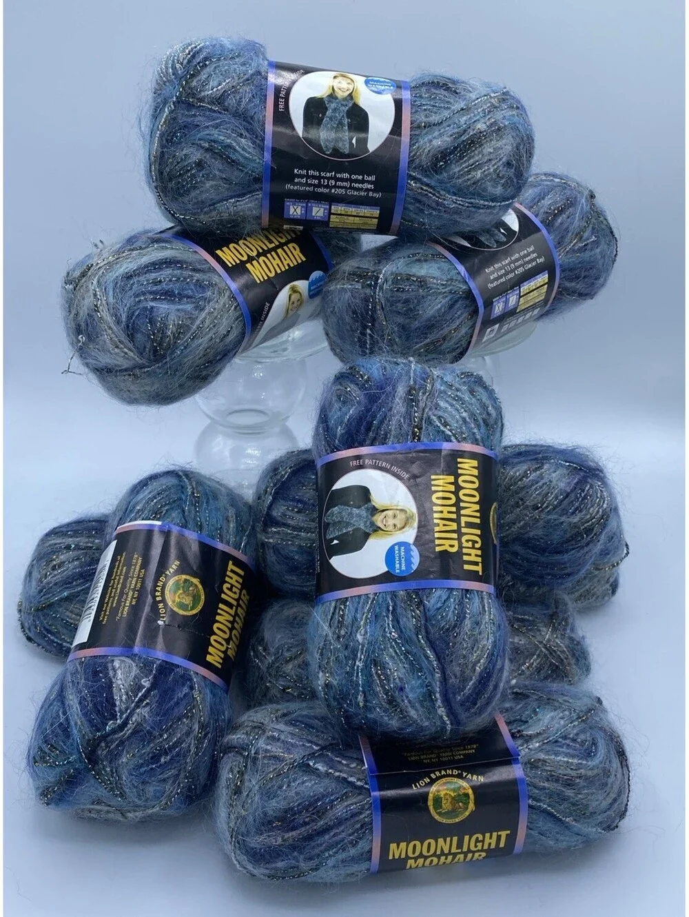 Lot Of 10 Skeins Lion Brand Yarn Moonlight Mohair Blue Glacier Bay Italy